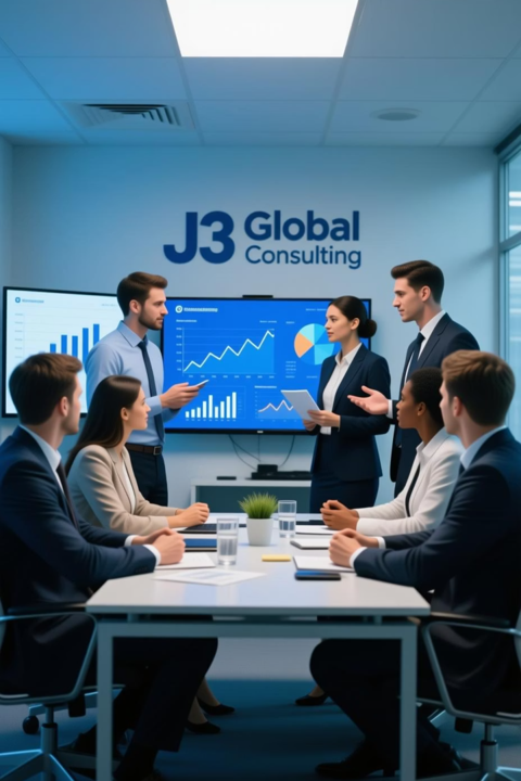 J3 Global Consulting team in modern office with analytics dashboard