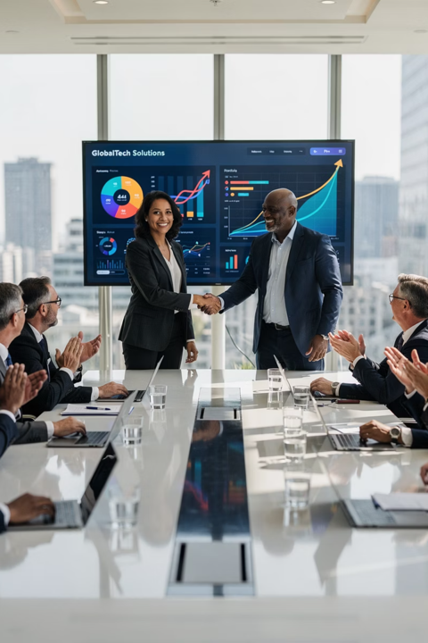 Business team in conference room with data analytics dashboard showing growth metrics