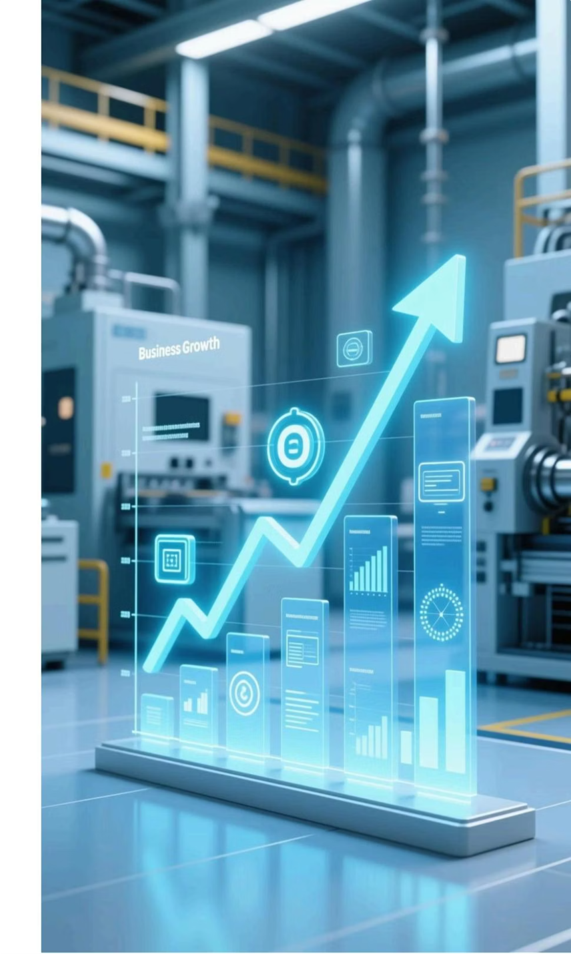 Industrial facility with holographic business growth chart and upward arrow visualization